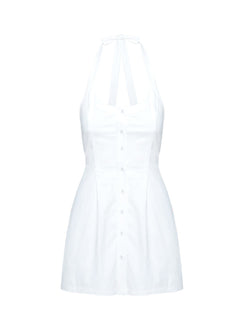 back view of model wearing Princess Polly Mallorie Halter Mini Dress White Scoop Neck 