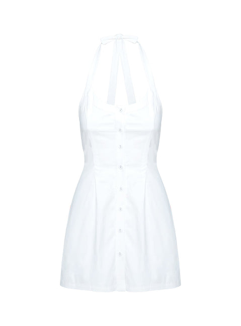 back view of model wearing Princess Polly Mallorie Halter Mini Dress White Scoop Neck 