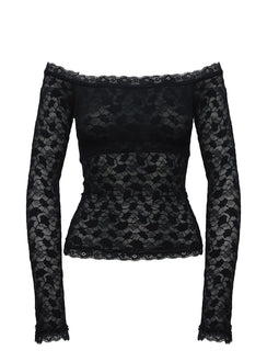 side view of model wearing Princess Polly Mochapella Off The Shoulder Top Black Full Sleeves straight 