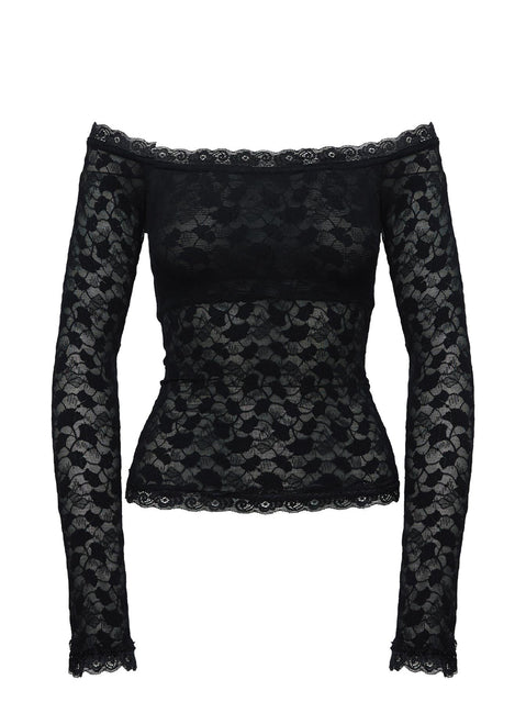 side view of model wearing Princess Polly Mochapella Off The Shoulder Top Black Full Sleeves straight 