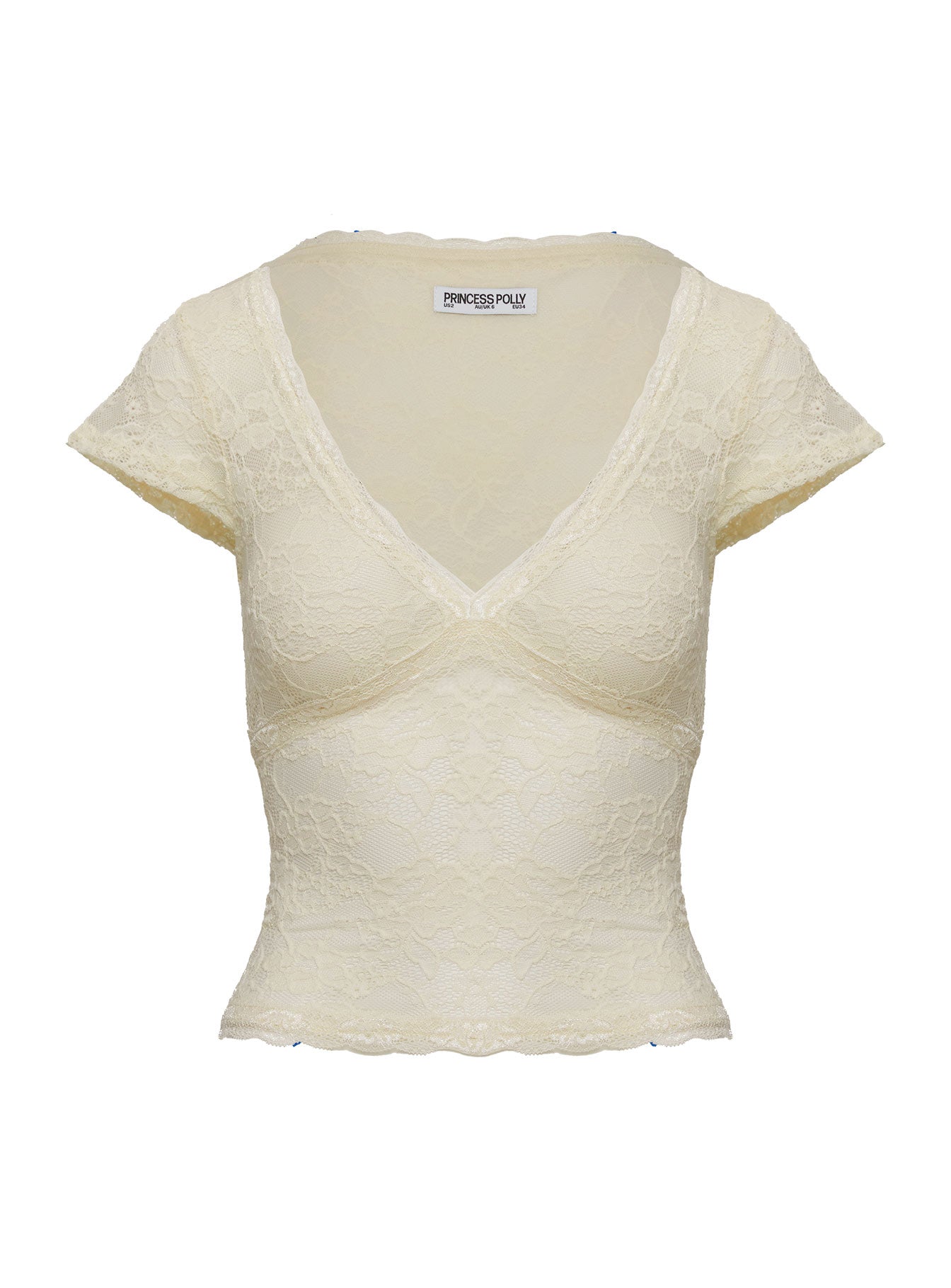 back view of model wearing Princess Polly Most Ardently Lace Top Cream Short Sleeves V-Neck 