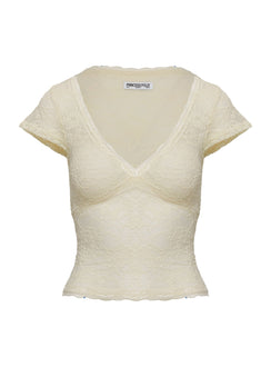 back view of model wearing Princess Polly Most Ardently Lace Top Cream Short Sleeves V-Neck 