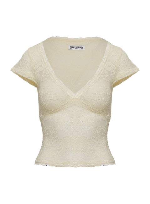 back view of model wearing Princess Polly Most Ardently Lace Top Cream Short Sleeves V-Neck 