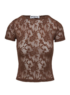 back view of model wearing Princess Polly Martine Sheer Short Sleeve Top Brown Short Sleeves Crew Neck 