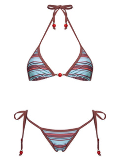 Mikaya Beaded Triangle Bikini Top Blue / Brown Stripe