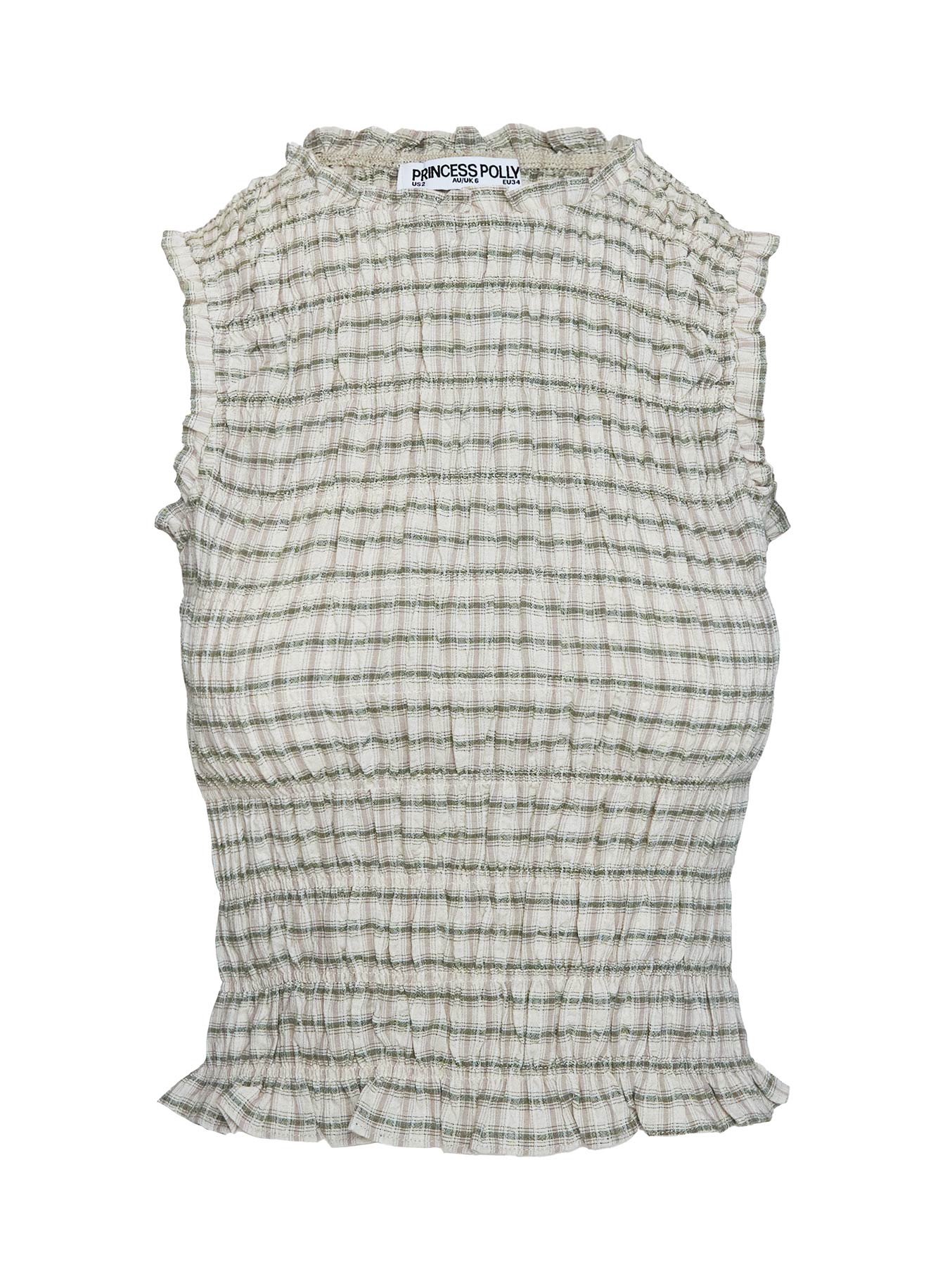 side view of model wearing Princess Polly Mousie Ruched Top Cream Plaid Sleeveless High Neck 