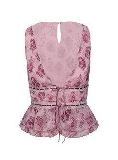 back view of model wearing Princess Polly Nikolise Top Purple Petite Sleeveless Plunger 