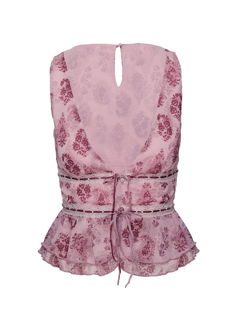 back view of model wearing Princess Polly Nikolise Top Purple Petite Sleeveless Plunger 