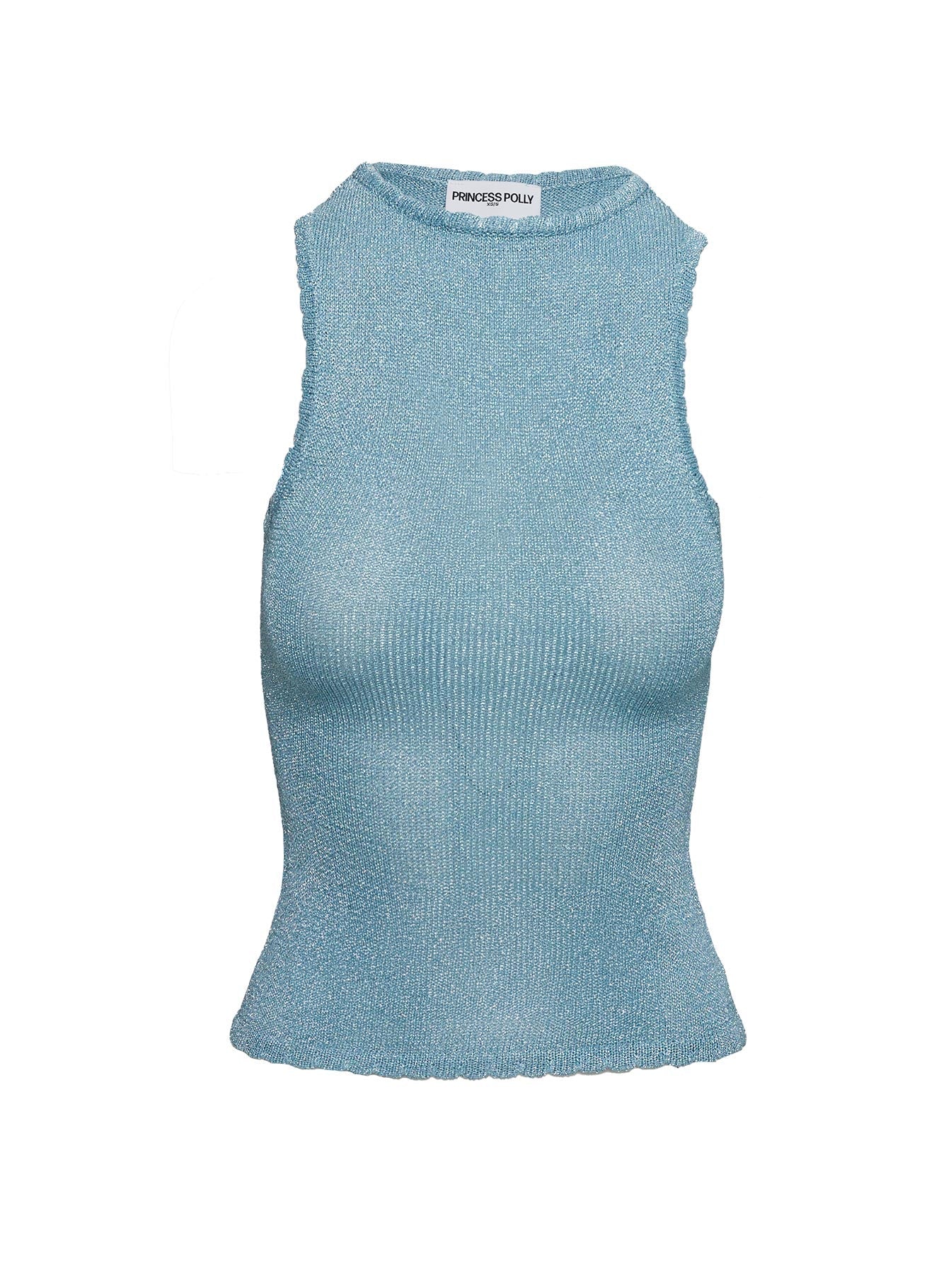 side view of model wearing Princess Polly No Pretending Top Blue Glitter Sleeveless Crew Neck 