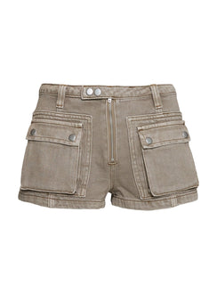 side view of model wearing Princess Polly Outerbank Cargo Short Light Brown Wash Low Rise Shorts 