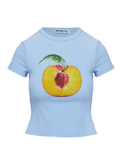 front view of model wearing Princess Polly Peachy Baby Graphic Top Blue Short Sleeves Crew Neck 