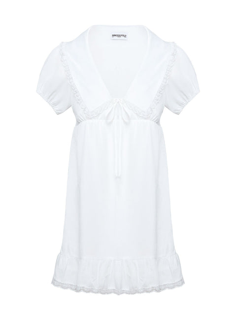 back view of model wearing Princess Polly Penelofie Mini Dress White V-Neck 