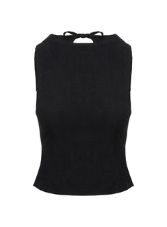 front view of model wearing Princess Polly Penelopie Backless Top Black Sleeveless High Neck 