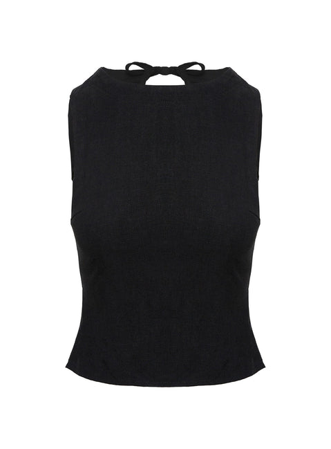 front view of model wearing Princess Polly Penelopie Backless Top Black Sleeveless High Neck 