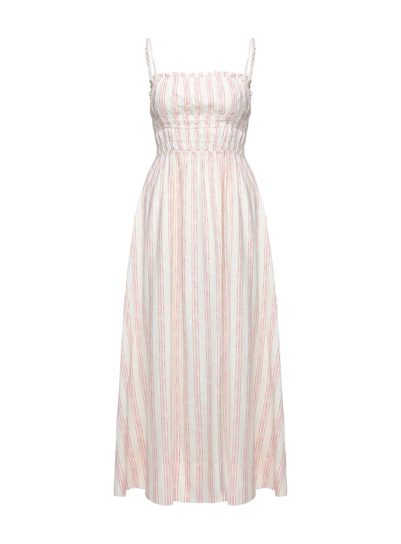 side view of model wearing Princess Polly Persephone Shirring Linen Maxi Dress Pink Stripe Square Neck 