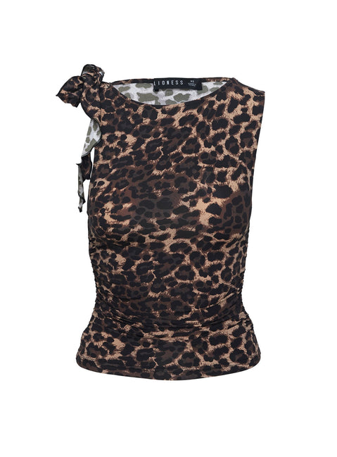 side view of model wearing Princess Polly Rendezvous Top Leopard Sleeveless Crew Neck 