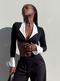 Front view of model wearing  front Princess Polly Full Sleeves Plunger  Rebecca Long Sleeve Top Black