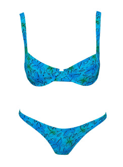 Blue floral Bikini top Shine material, adjustable shoulder straps, wired cups, clasp fastening at back