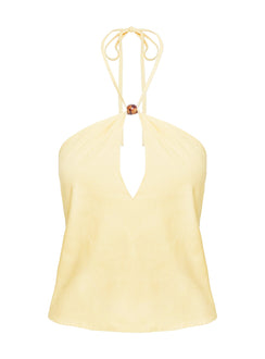 front view of model wearing Princess Polly Santorini Crush Bead Detail Top Lemon Sleeveless Asymmetric Neckline 
