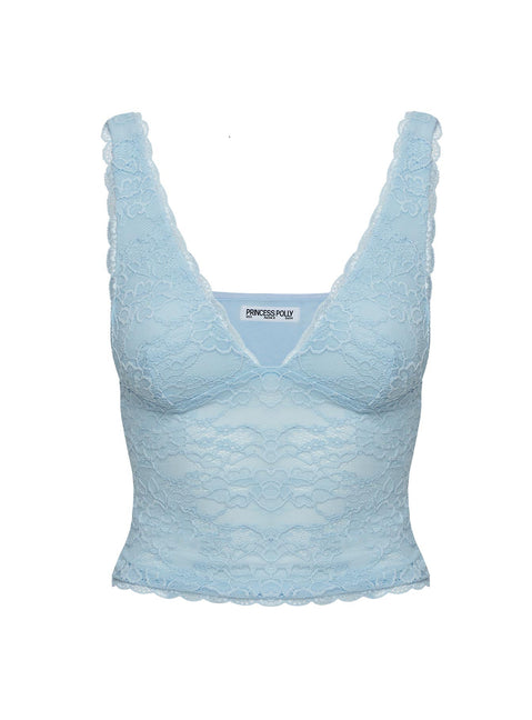 back view of model wearing Princess Polly Silkie Lace Top Blue Sleeveless Plunger 