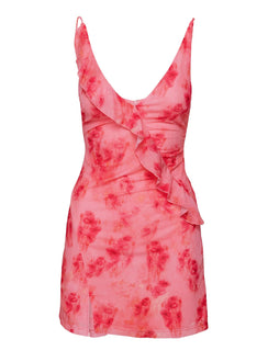 back view of model wearing Princess Polly Singleton Mini Dress Pink Floral Plunger 