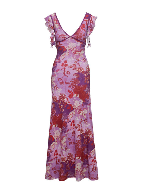 front view of model wearing Princess Polly Soleila Maxi Dress Purple Multi V-Neck 