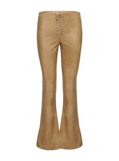 side view of model wearing Princess Polly Roddie Lace Up Pants Brown Low Rise Pants 