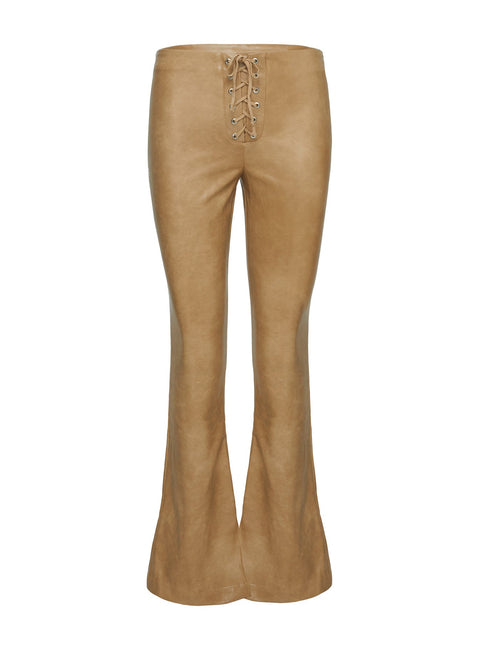 side view of model wearing Princess Polly Roddie Lace Up Pants Brown Low Rise Pants 