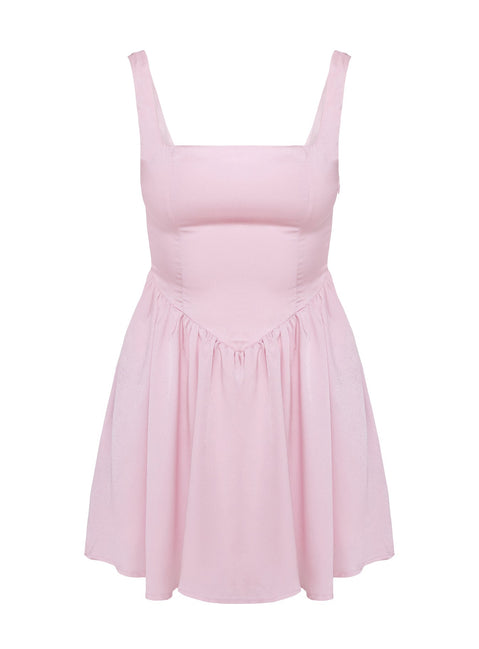 back view of model wearing Princess Polly Straplie Mini Dress Pink Square Neck 