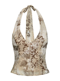 back view of model wearing Princess Polly Silvey Halter Top Brown Multi Sleeveless Plunger 