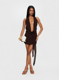 Snakepit Halter Plunge Mini Dress Chocolate