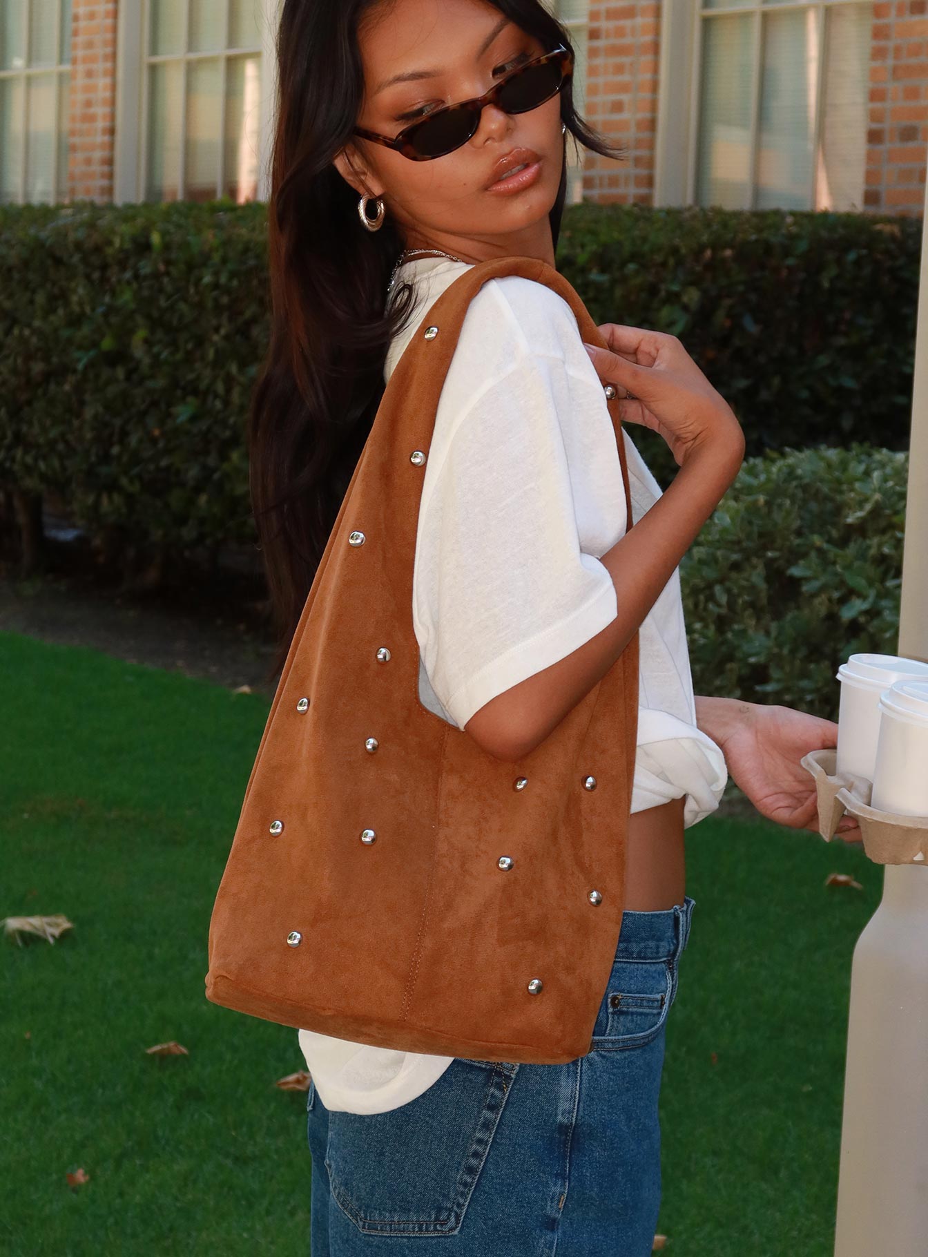 Stellah Studded Faux Suede Bag Brown | Princess Polly