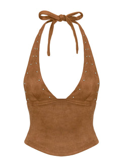 side view of model wearing Princess Polly Upgraded Stud Detail Faux Suede Top Brown Sleeveless Plunger 