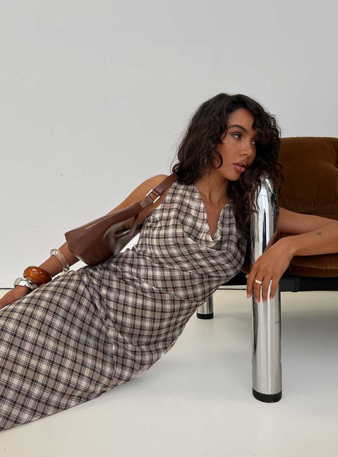 Veida Cowl Neck Maxi Dress Brown Check