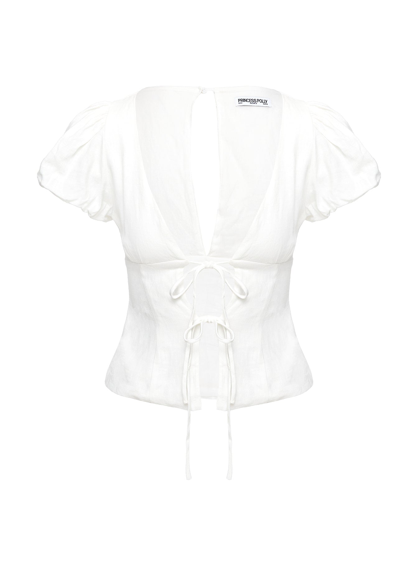 back view of model wearing Princess Polly Wilhelmina Blouse Top White Short Sleeves Plunger 