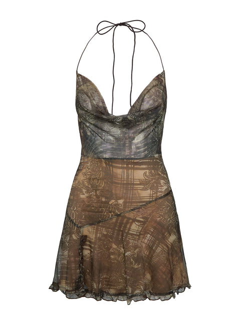 back view of model wearing Princess Polly Brilliance Cowl Neck Mini Dress Brown Multi Cowl Neck 