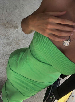 Front view of model wearing  front Princess Polly Asymmetric Neckline  Oscar Midi Dress Green