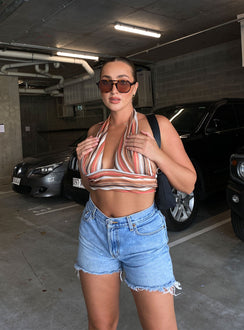 side view of model wearing Princess Polly Luci Halter Top Multi 