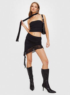 Matching two-piece set, mesh material Strapless crop top, ruched bust, ruffle detail Mid-rise mini skirt, ruched waistband, ruffle detail Good stretch, fully lined Princess Polly Lower Impact