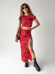 Matching set Mesh material  Printed design  Cropped tee High waisted midi skirt  Elasticated waistband 