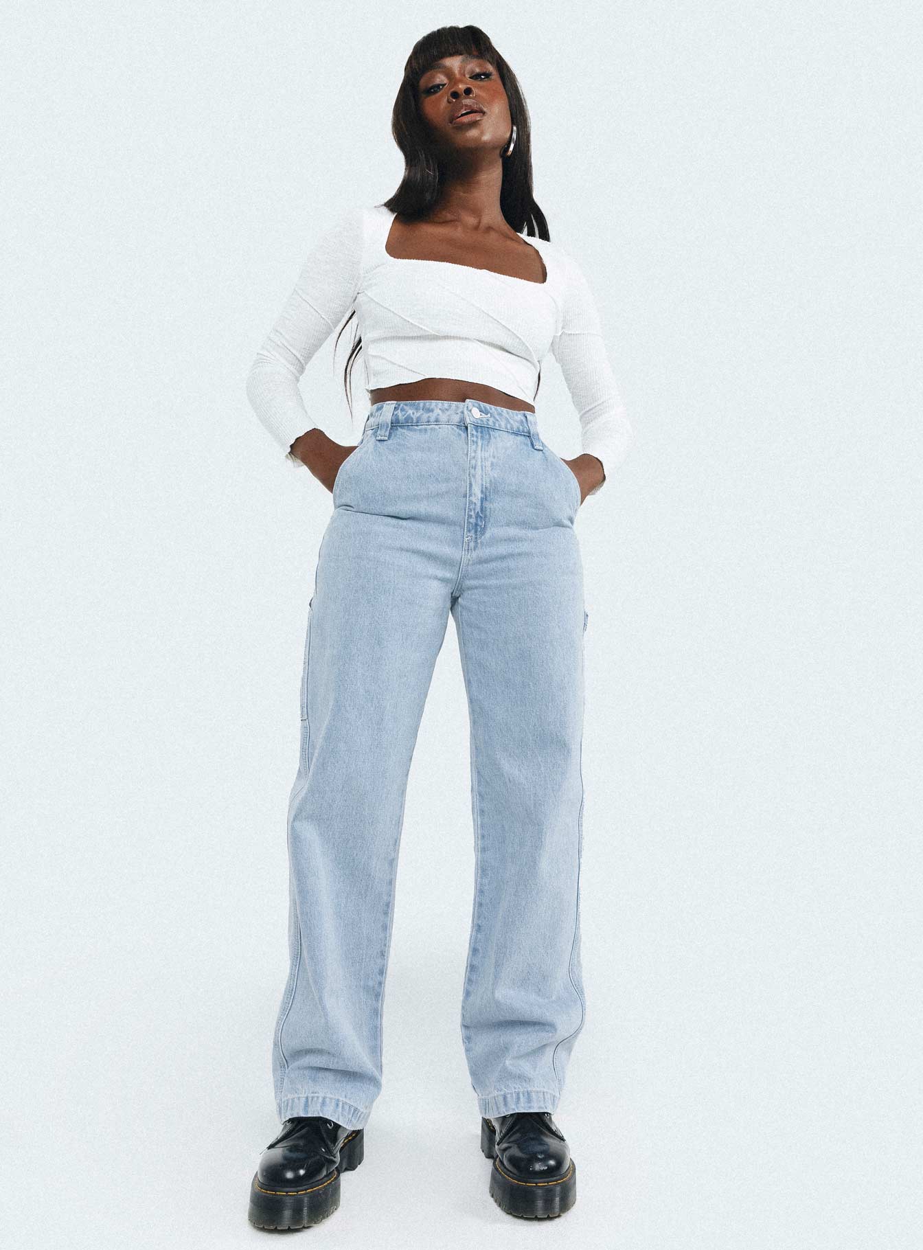 Jeans Light wash denim Belt looped waist Five-pocket design Zip & button fastening Mid-rise Branded patch on back Wide leg