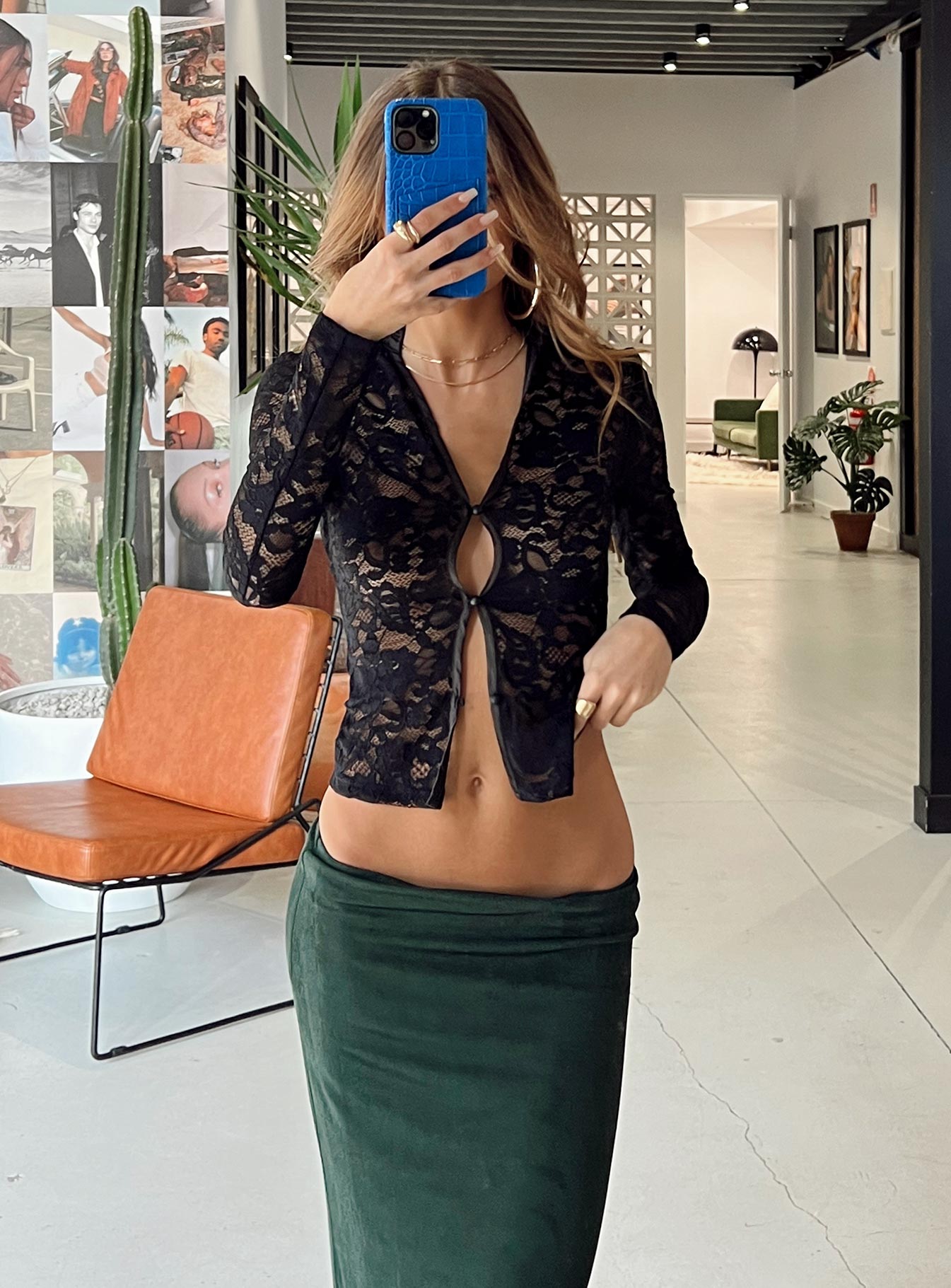 Long sleeve top Sheer lace material  Classic collar  Button front fastening 