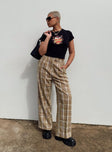 Pants 100% polyester Plaid print  High waisted  Hook & zip fastening  Belt looped at waist  Pleated waist  Twin hip pockets Faux back pocket Wide leg 