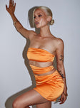 Orange Strapless satin mini dress  Elasticated band at bust pleated throughout cutouts at side