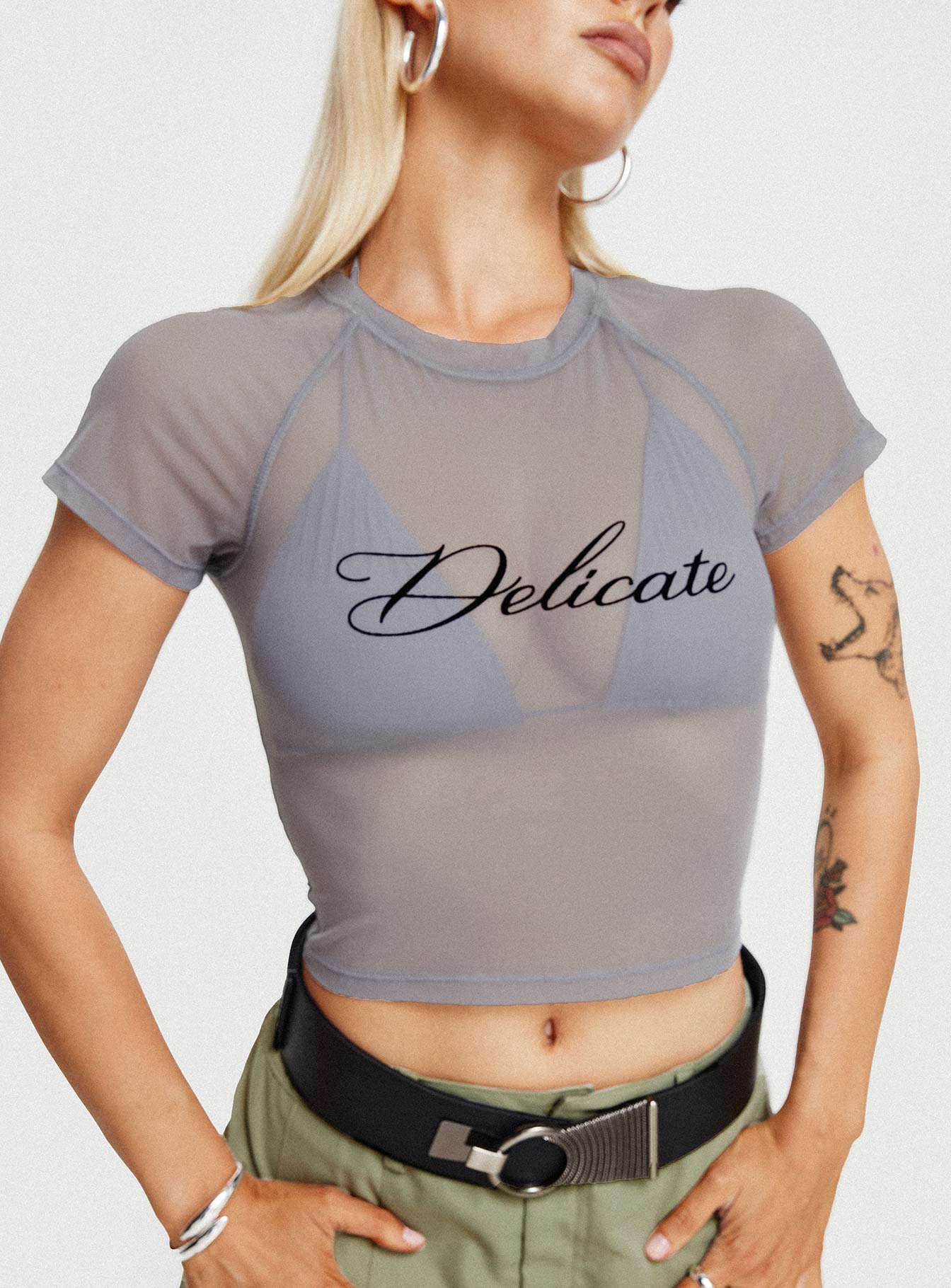 Grey Crop top Graphic sheer mesh material scooped neckline bralette top with tie fastening