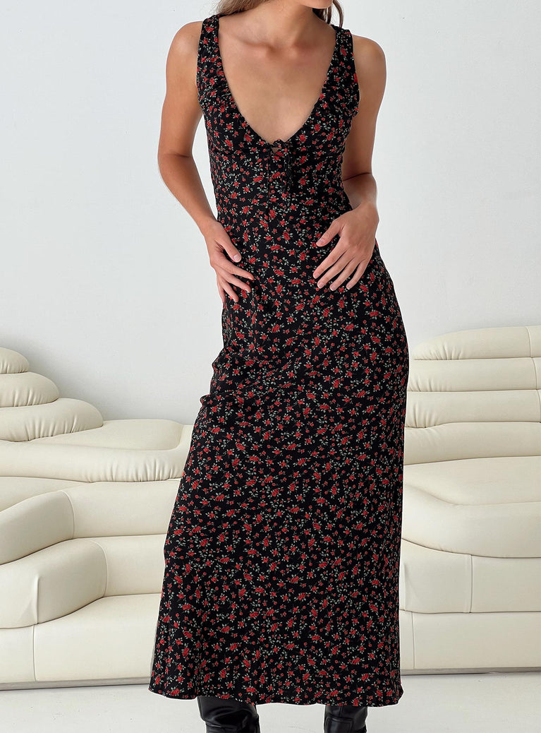 Bareena Bias Cut Maxi Dress Black / Red Floral