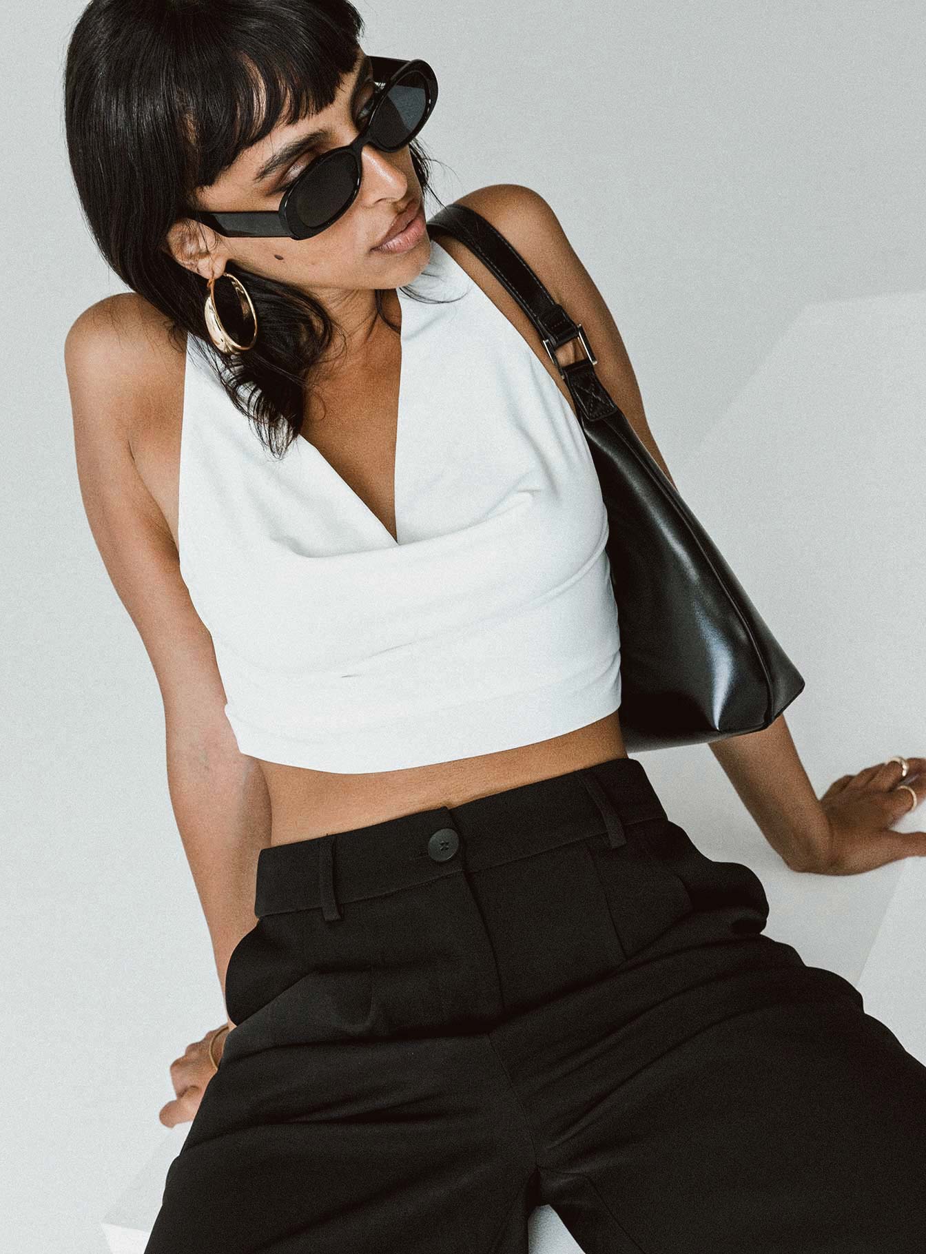 White top Cowl neckline Good stretch Fully lined 