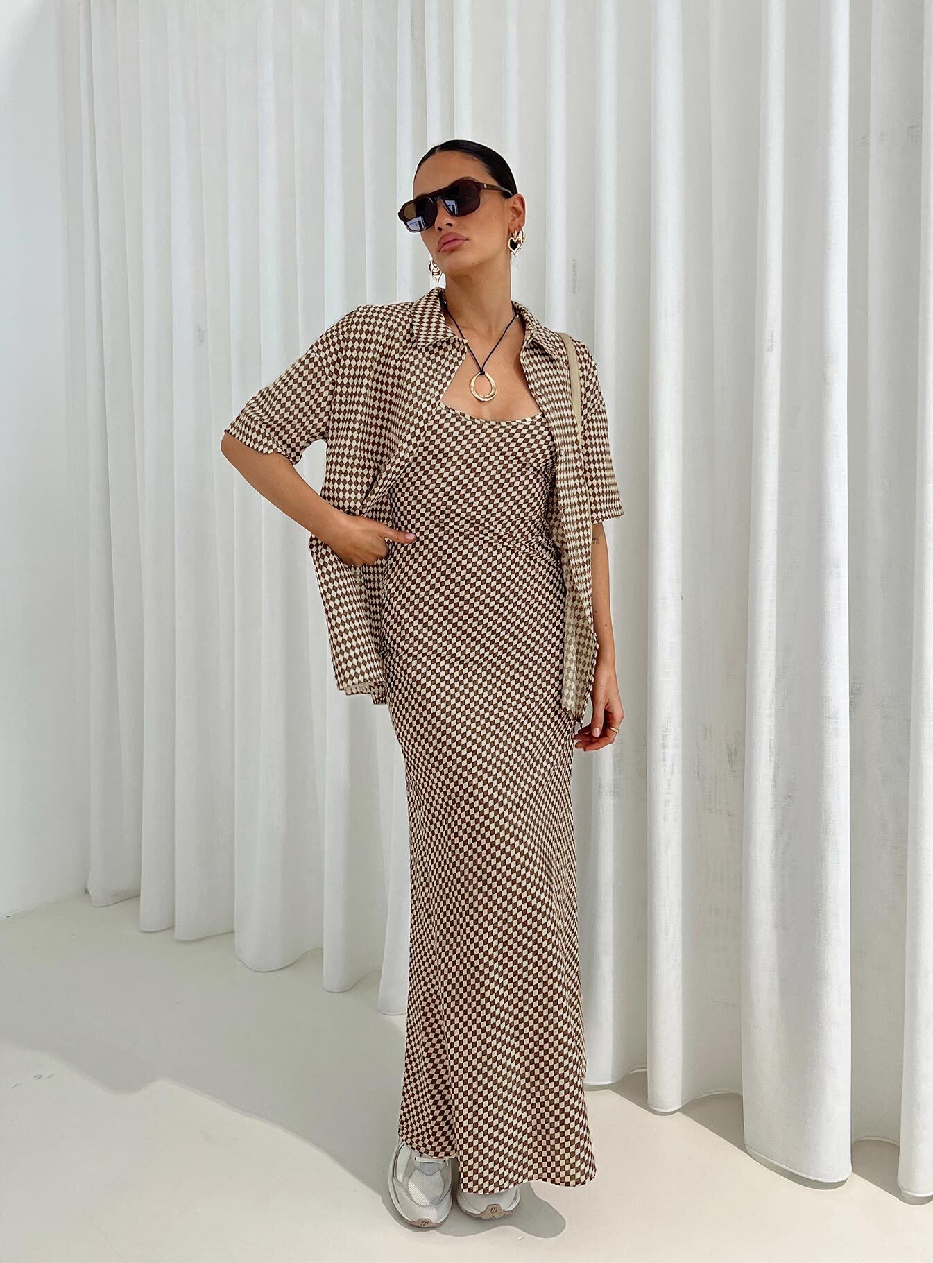 Matching maxi dress and shirt set Long sleeve shirt, classic collar, button front fastening Maxi dress, adjustable straps, tie fastening at back, invisible zip fastening at side