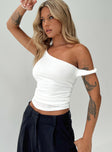 One shoulder top Fixed shoulder straps, ruched sides Good stretch, fully lined