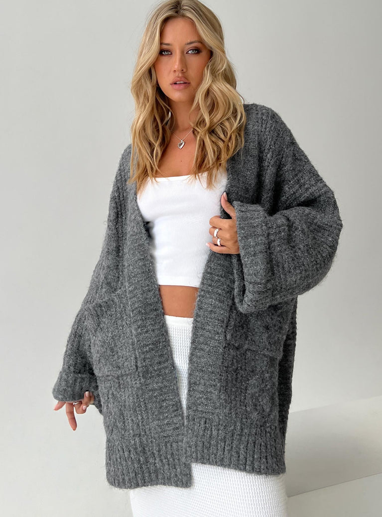 Paisleigh Cable Knit Cardigan Charcoal Princess Polly  long 